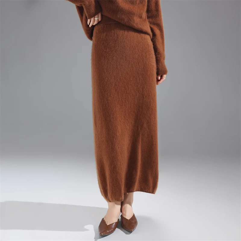 

Юбка из 100% австралийской шерсти, женская трикотажная однотонная юбка средней длины с высокой талией, осень/зима, новая женская модная мягкая юбка трапециевидной формы