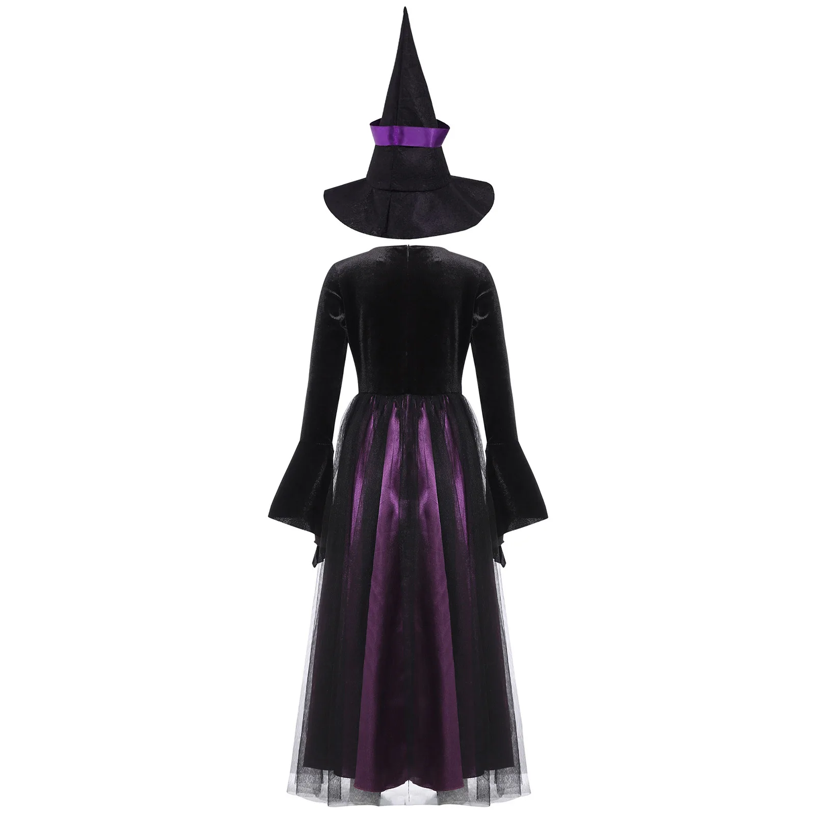 Kids Girls Halloween Witch Cosplay Dress Up Costume Witch Dress with Witch Hat for Role Play Party Carnival Performance Dress Up