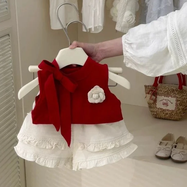 

Girls Sweet Set Korean Summer 2025 New Red Cute Fashion Bow Sleeveless Vest and All-match Lace Shorts Two-piece Set