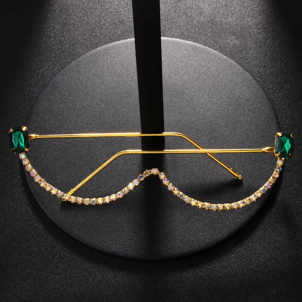 XSBODY Green Crystal Geometric Eyeglasses Frame No Lens Women Party Creative Design Rhinestone Face Chain Y2k Jewelry Nightclub