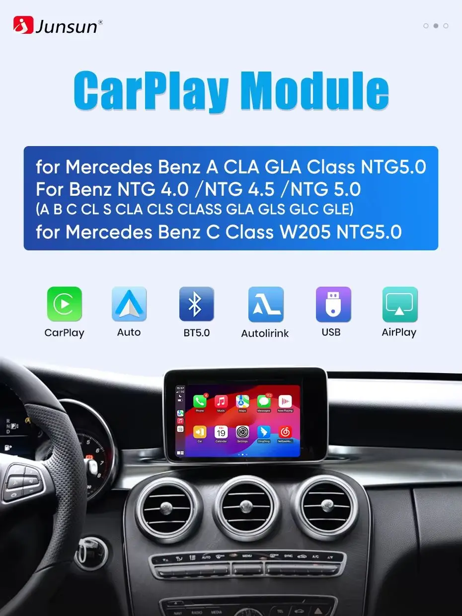 Junsun Wireless CarPlay Android Auto Interface Modul für Mercedes-Benz W204 W205 W176 GLC A C V Klasse W447 CLA GLA Bluetooth Mirror Link AirPlay