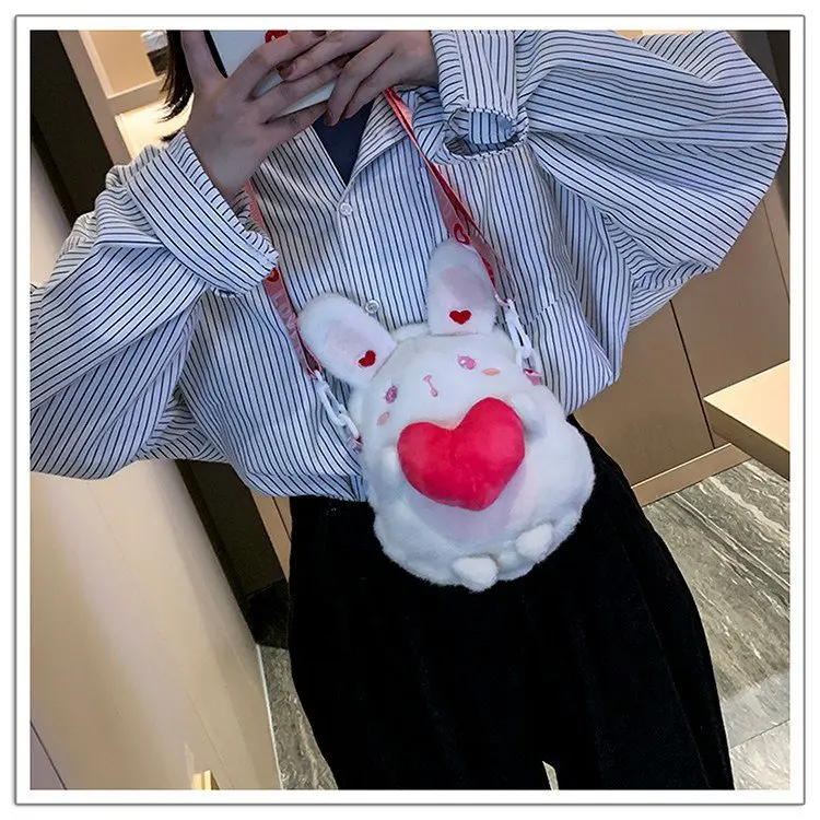 2024 New Cartoon Cute Soft Girl Crossbody Bag Autumn/Winter Hairy Shoulder Bag Girl Plush Rabbit Backpacks