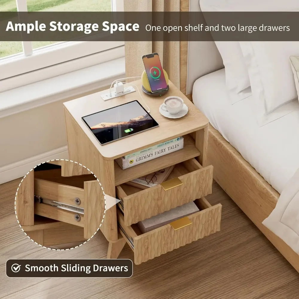 Fluted Nightstand with Charging Station, 18" Modern End Table with Storage Drawers, Bedside Table for Bedroom, Natural Oak(1 Pie