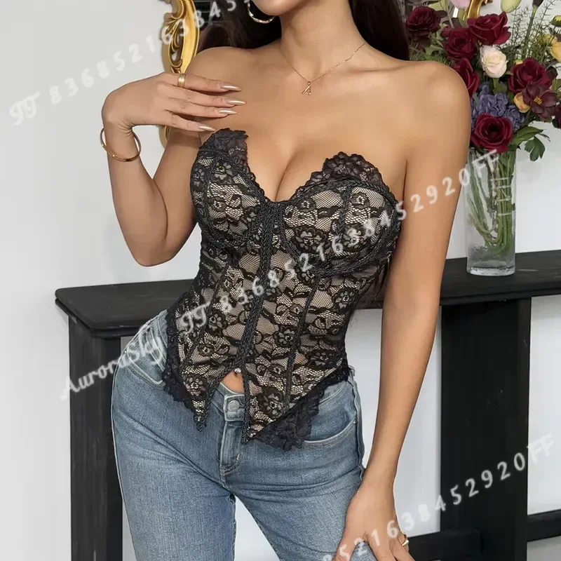 Women Strapless Lace Corset Crop Top Sweetheart Neck Floral Pattern Black Evening Cocktail Party Bustier