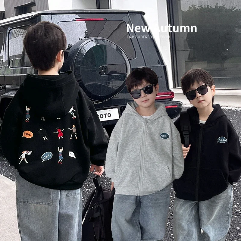 Kid Coat Cardigan Children Cool Children Autumn Wear 2024 Baby Boys Wear Korean Baby Hoodie Cartoon Embroidery Hooded Boy Coat