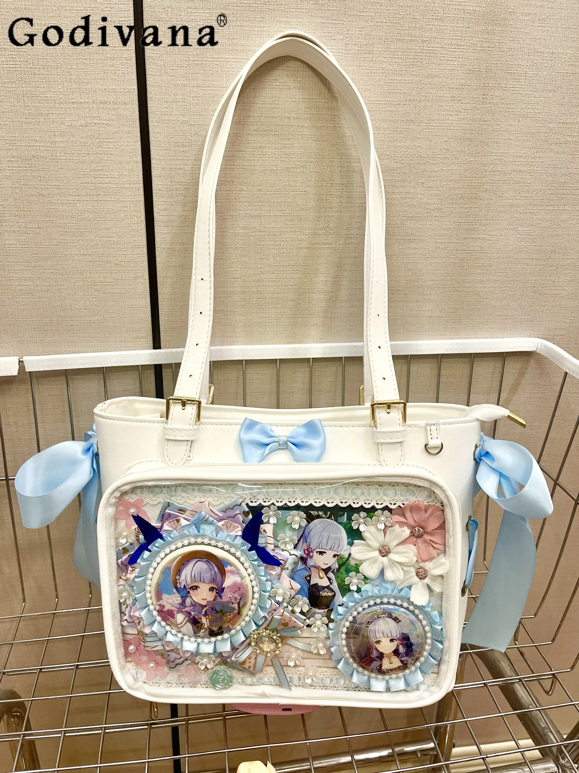 

2D Japanese Original Lolita Transparent Ita-bag Sweet Large Capacity Ribbon Bow Casual Commuter Crossbody Shoulder Bag for Women