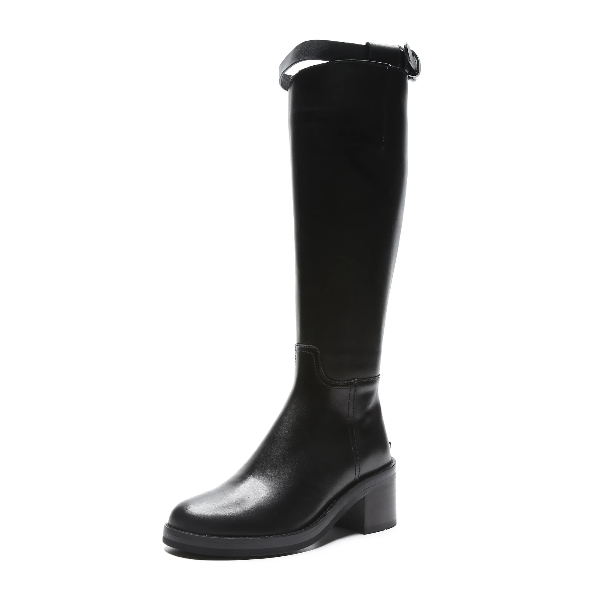 High Street Big Size Black Colors Genuine Leather Med Heels Western Riding Boots Round Toe Brand Luxury Zipper Knee-high Boots