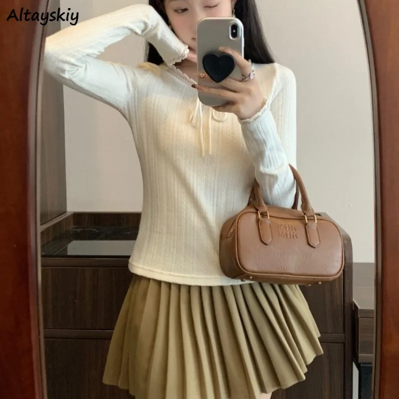 Uzun Kollu T-shirt Kadın Basit Katı Tüm Maç Rahat Bağcıklı Slim Fit Üstleri Sokak Şıklığı Temel İç Tatlı Nazik Öğrenciler Rahat