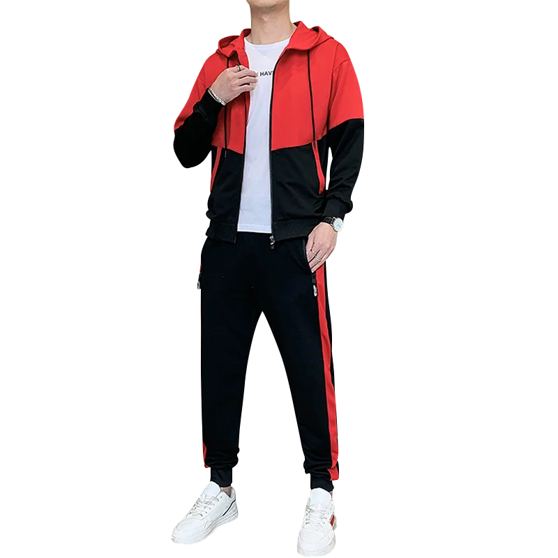 2023 Spring and Autumn Men\'s Tracksuit Leisure Sports Suit Hooded Long-Sleeved Coat Jacket + Bunched Foot Trousers Two-Piece Set