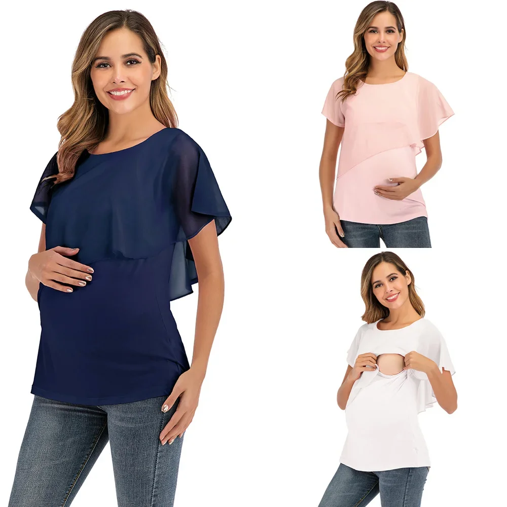 

Maternity Tees Summer Nursing Tops Women Pregnant Nursing T-shirts Women's Wrap Top Double Layer Blouse Tees Pregancy Clothing