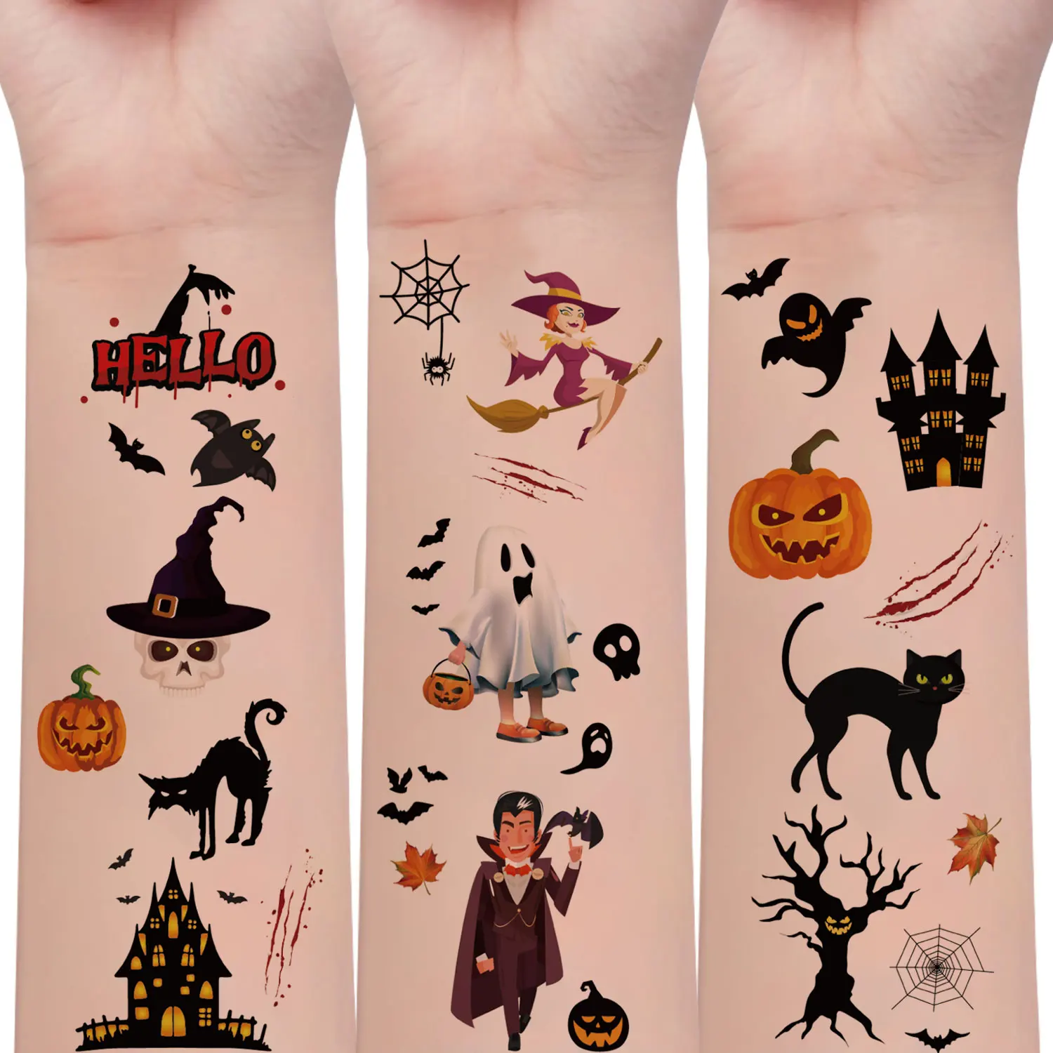 10 Halloween Cartoon Tattoo Stickers, over 180 Designs Featuring Vampire, Witch, Black Cat, Pumpkin, Ghost, Castle, and Other Halloween Elements, Waterproof and Realistic, Temporary Tattoo Stickers for Party Art and Makeup