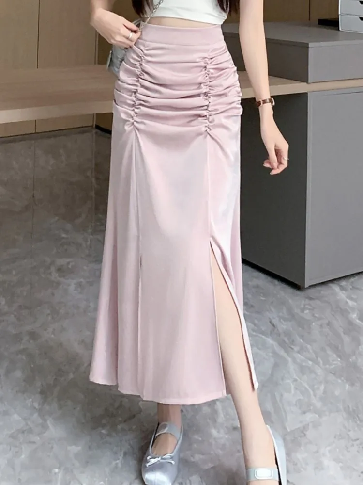 Elegant Mid-length Skirt A-line High-waist Sexy Button Slit Design Skirts for Women Summer Korean Style Pleated Clothing