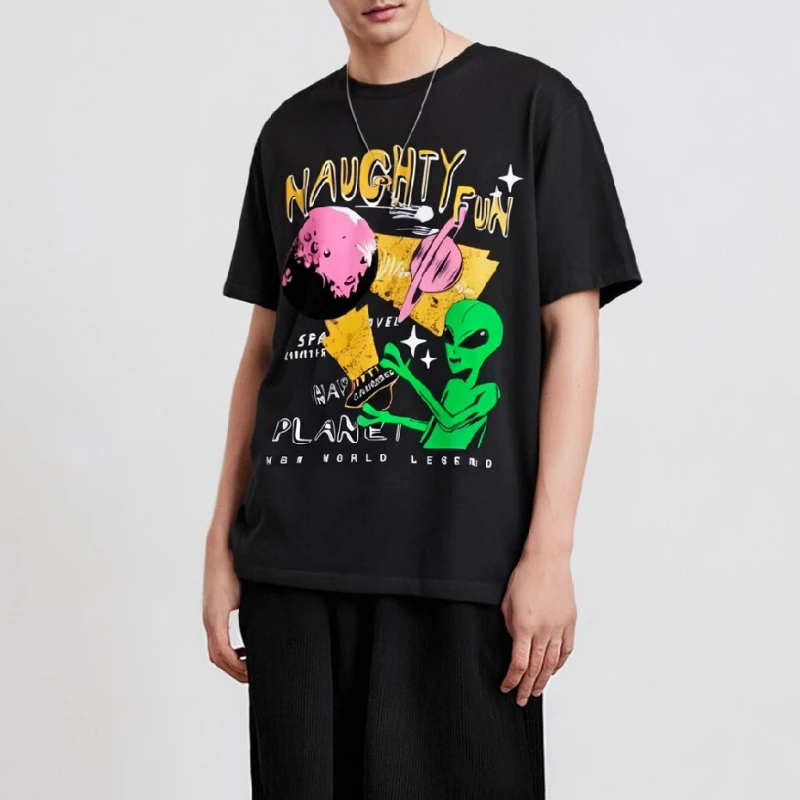 

Hip Hop Style Alien Graphic Tshirts for Men Fashion New Streetwear Harajuku Baggy Round Neck Oversize Unisex Summer Tops