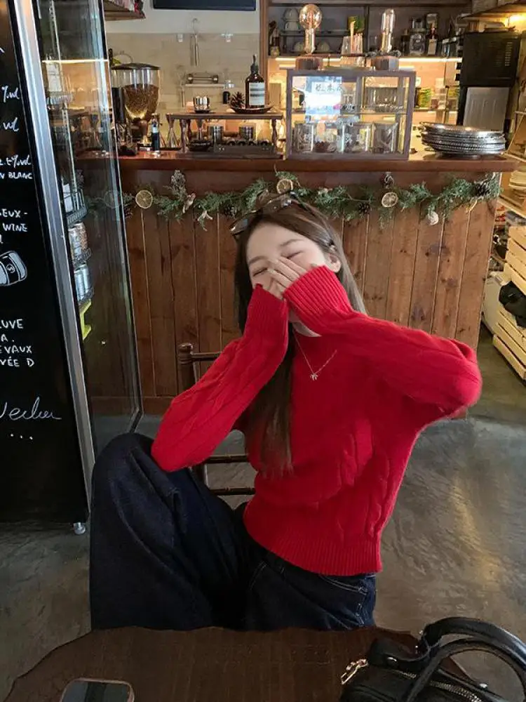 

Fashion Women Red Elegant Round Neck Pullovers Crochet Knitted Twists Sweaters Autumn Winter Long Sleeve Short Tops Korean Style