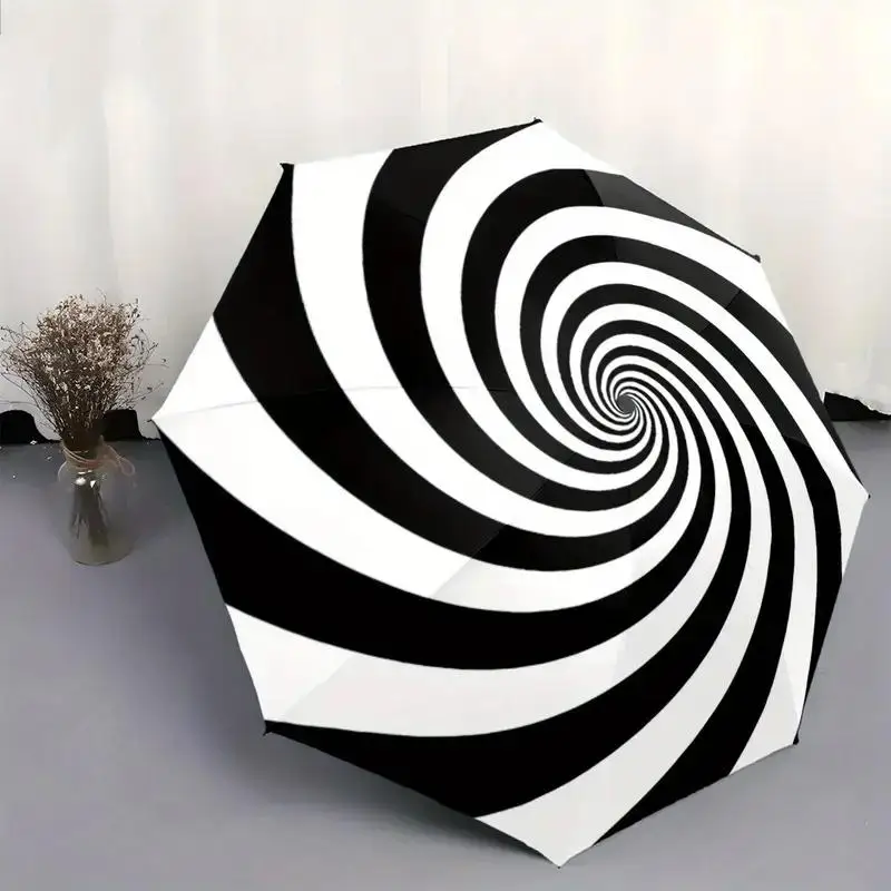 

Автоматический складной зонт с черно-белым спиральным узором, 8-спицевый, с автоматическим открытием/закрытием, портативный компактный складной зонт с