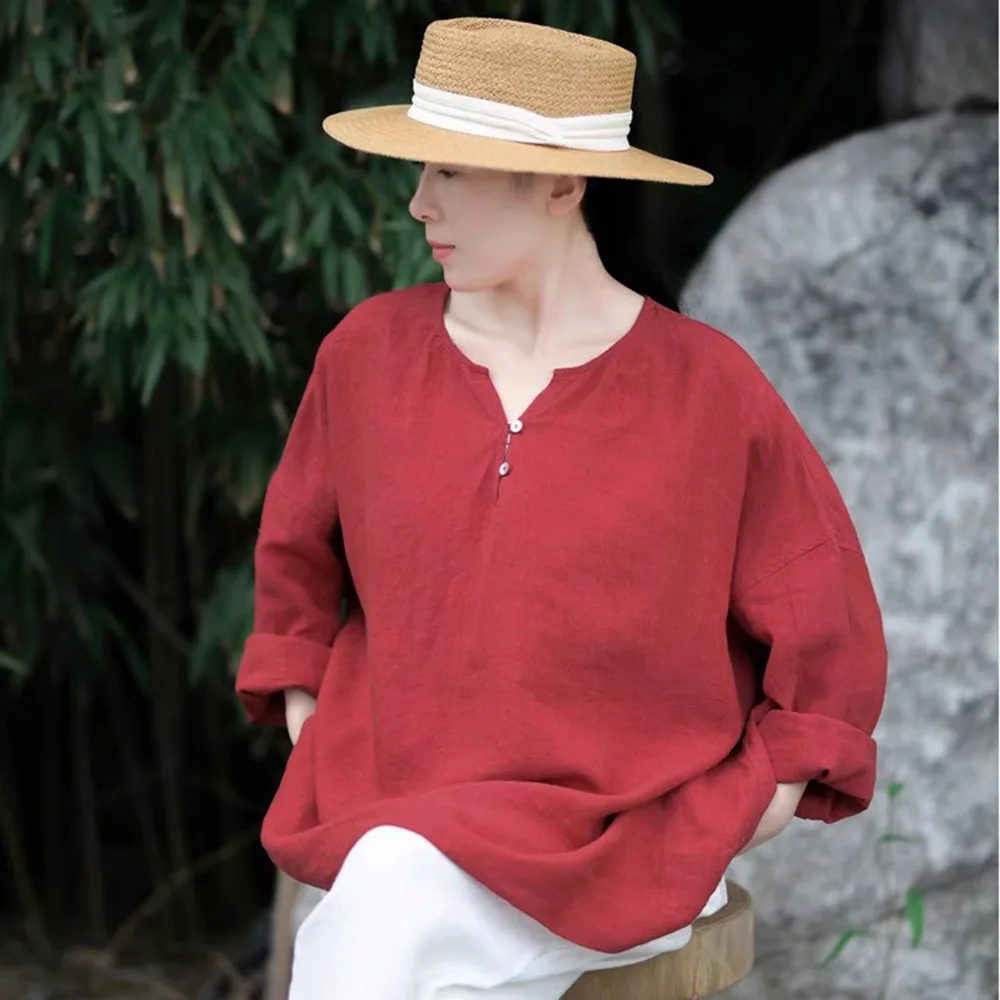 

Quality Artistic Retro Casual Linen Shirt Women V-Neck Loose Large Silhouette Solid Color Lazy wind Long-Sleeved Thin Top Summer