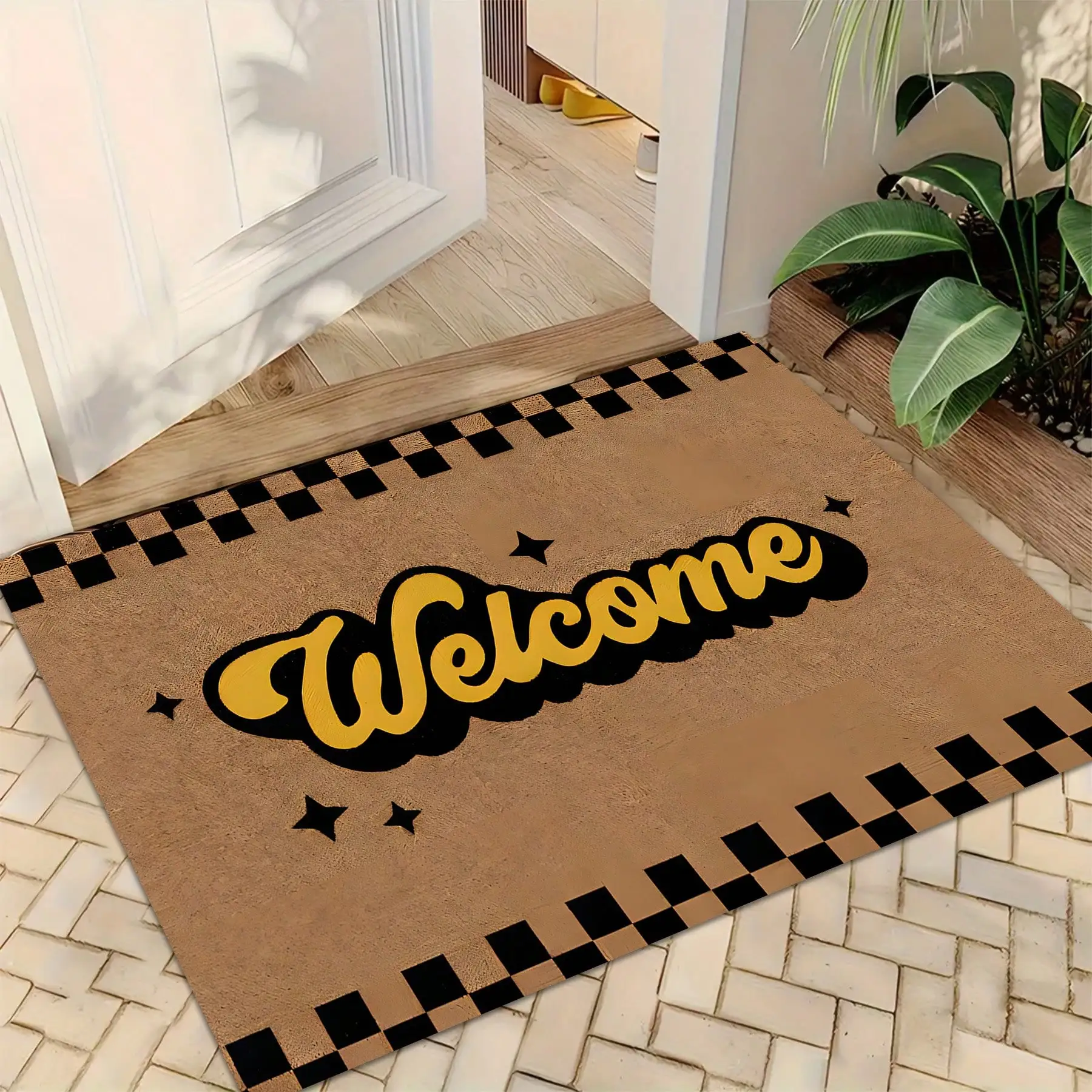 1pc Vintage Welcome Doormat With Black And White Checkerboard Pattern, Velvet Fabric + Leaf Non-Slip Backing, Washable, Quick-Dry, Ultra-Soft Plush, Suitable