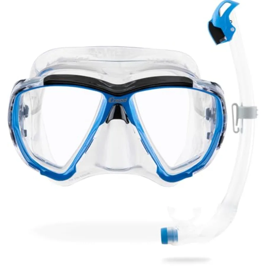 

Snorkeling and Freediving Mask and Snorkel Kit - Silicone Frame Black/Blue - Wide View Lens Dry Top Snorkel Big Eyes Design Sea