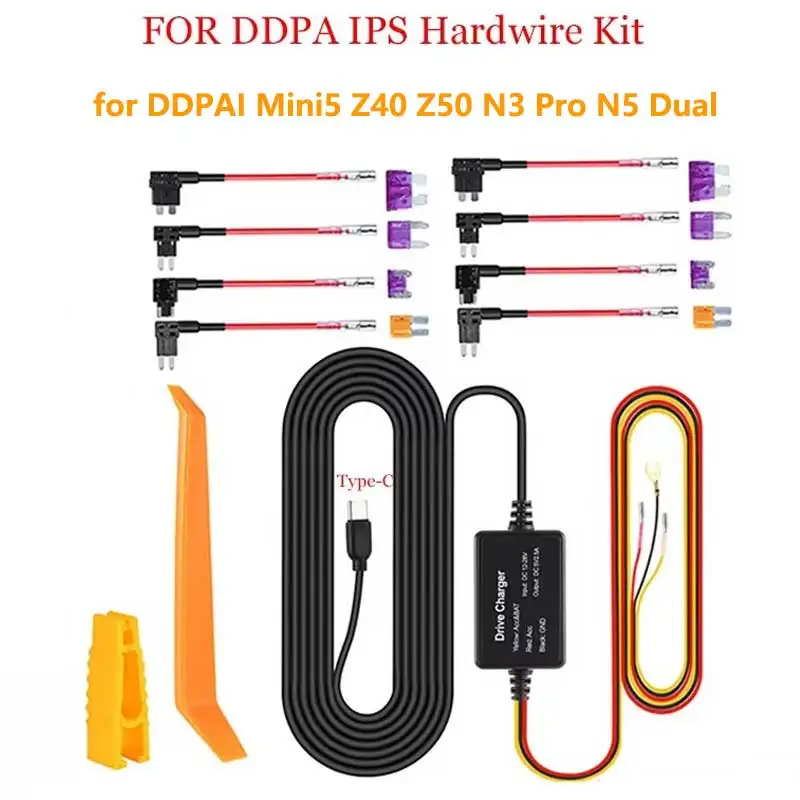 

12/24V Hardwire Kit Type-C USB Car Charg for DDPAI Mini5 Z40 Z50 N3 Pro N1 N5 Dual Car DVR Dash Cam Mirror Camera Charging Cable