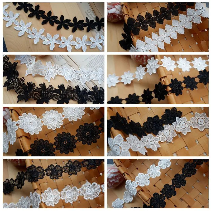 Polyester Flower Embroidery Lace, French Lace Ribbon Fabric, Guipure DIY Trims, Warp Knitting Sewing Accessories Off White Black