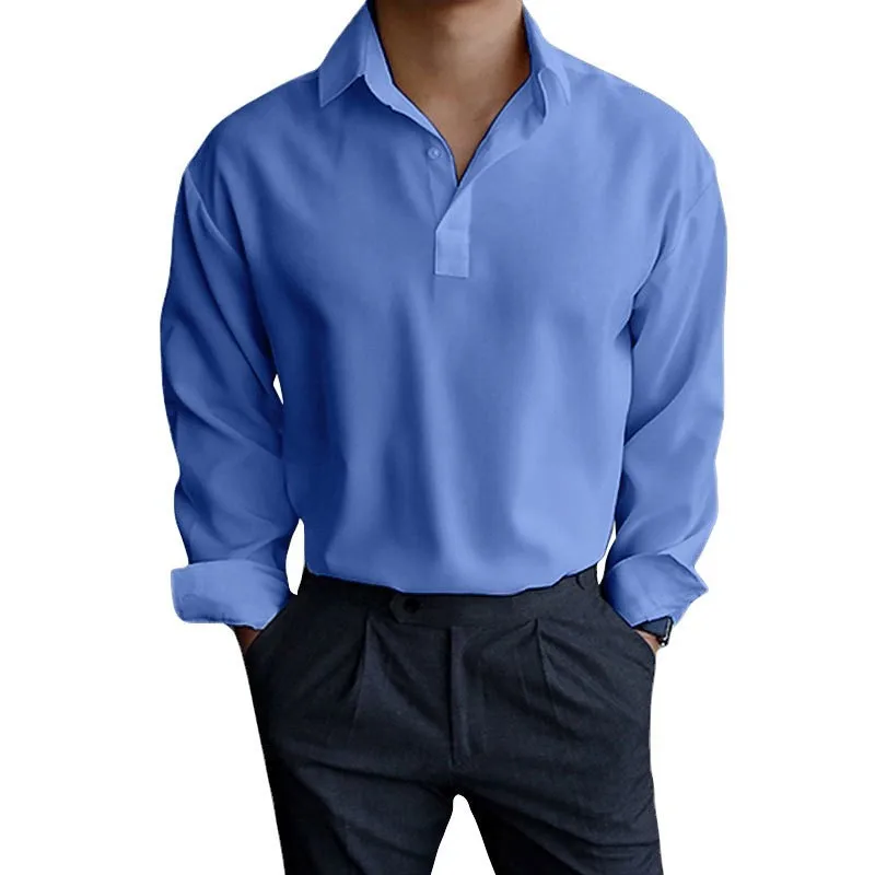 

Men's Light Blue Polo Shirt Long Sleeve Casual Loose Fit Button Up Collared Top