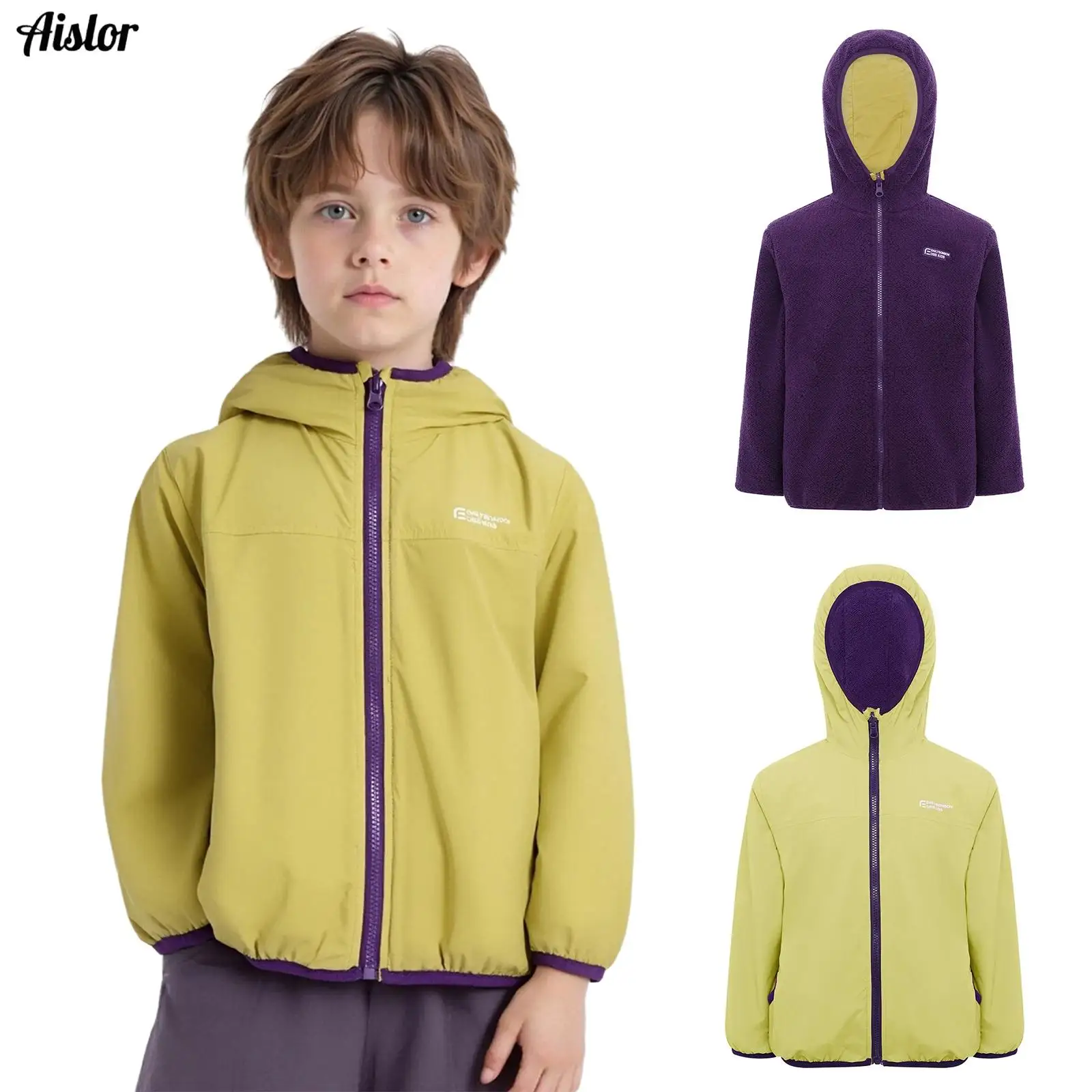 

Kids Boys Girls Reversible Water-Resistant/Fleece Hooded Jacket Long Sleeves Zipper Coat Outerwear for Outdoor Hiking Camping