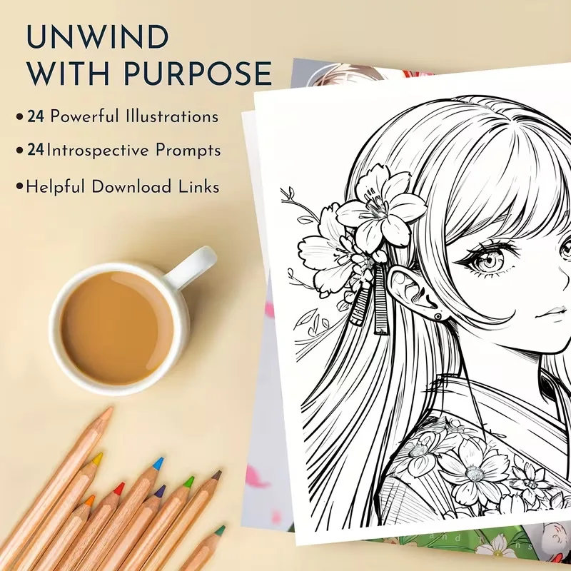 A4 Anime Girls Coloring Book 24 Pages Cute Kawaii Character Illustrations for Adults Stress Relief Relaxation Gift