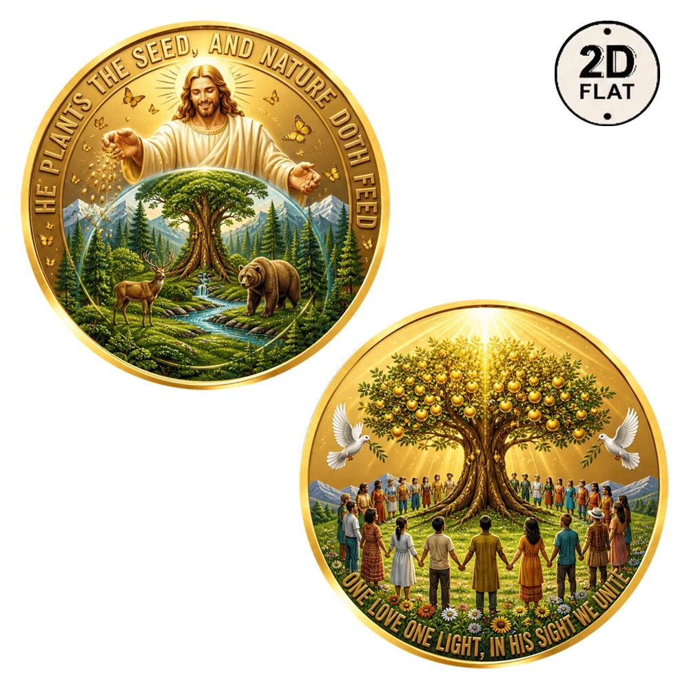 1pc He Plants The Seed Religious Challenge Coin UV Print Tree of Life & Peace Dove Art Commemorative Medal for Faith Believers