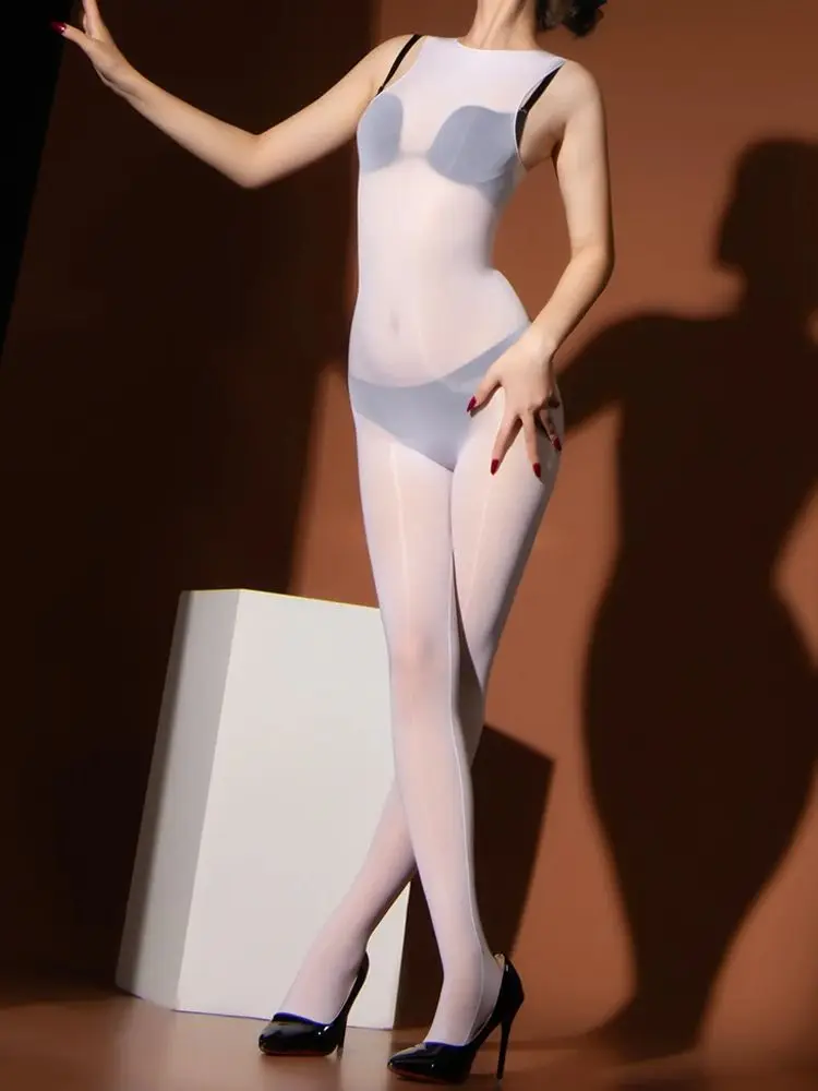 لامعة لامعة أكمام النايلون Catsuit سلس التمثال إغلاق مفتوح المنشعب ارتداءها الجوارب مثير يوتار الملتصقة الملابس الداخلية Unitard
