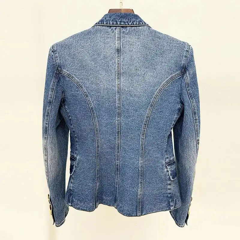 

2025 New Celebrity And Socialite Style Slim Fit Double Breasted Washed Denim Suit Jacket