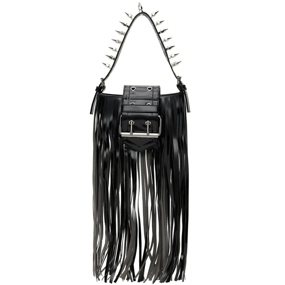 Annmouler Designer Small Handbag for Women Streetwear Shoulder Bag with Long Tassel Fashion Rivet Purses