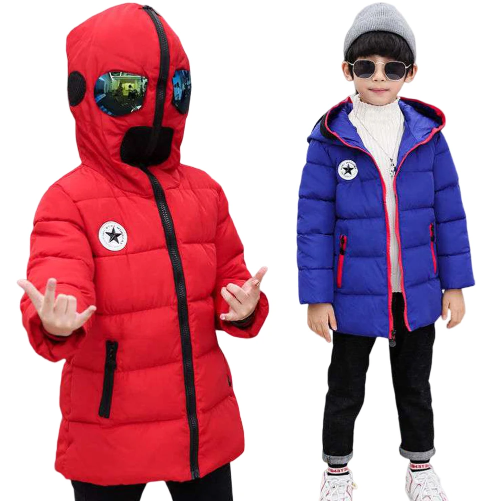 Boys Quilted Cotton Coat Winter Children's Down Jacket with Hoodie Glasses Thick Warm Windproof Parka Outerwear Full-Zipper