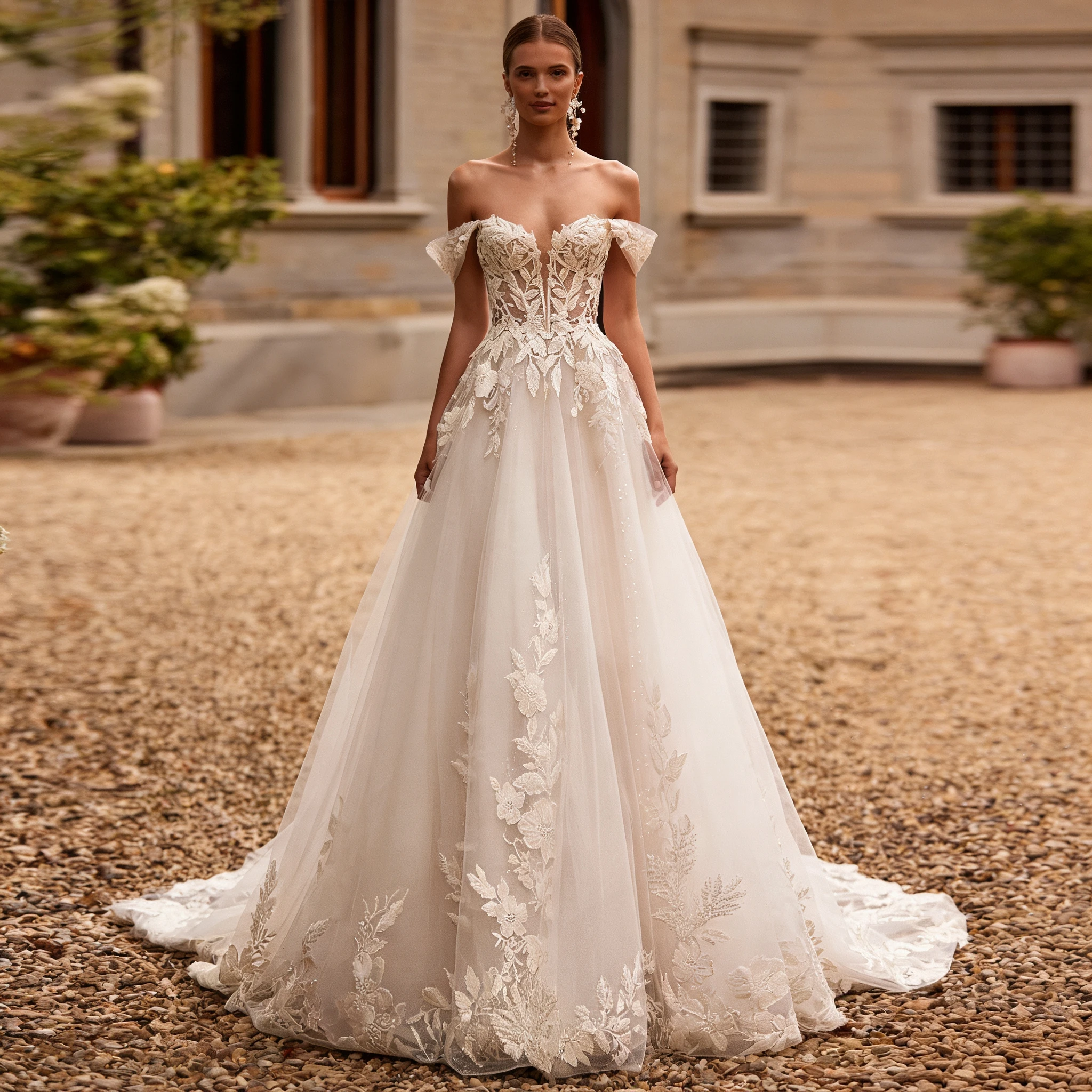 Off-the-Shoulder A-Line Wedding Dress Deep V Neck Lace Appliques Tulle Bridal Gown with Court Train