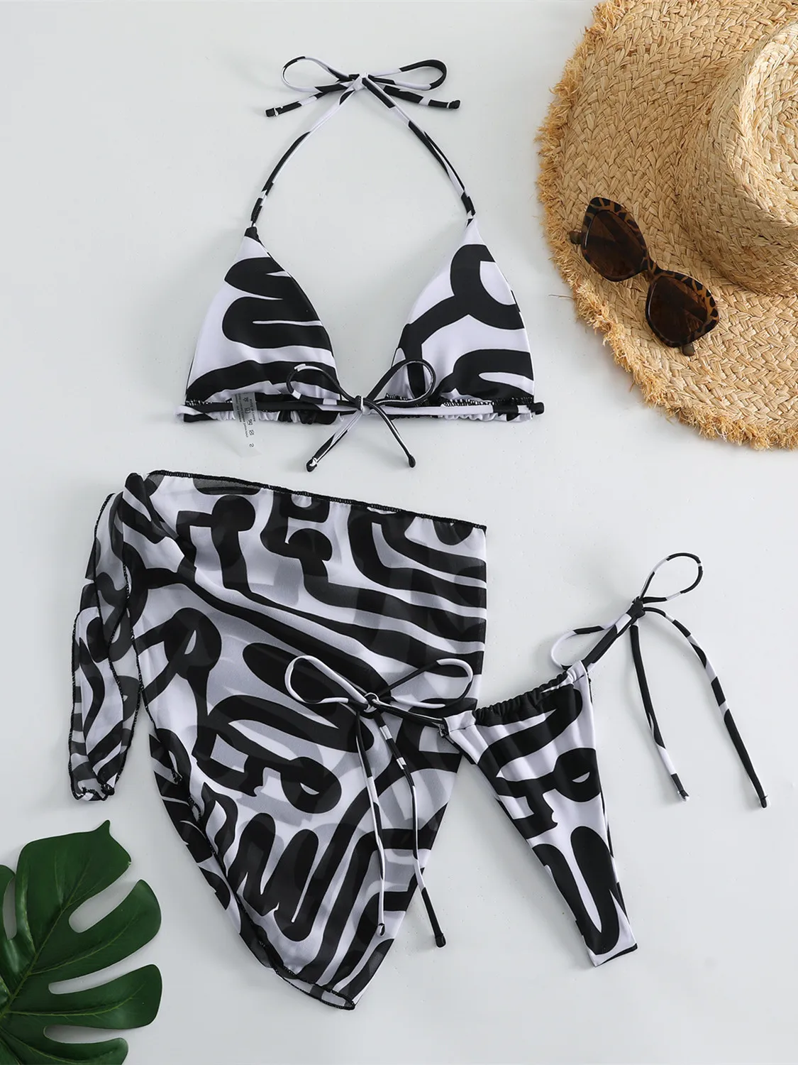 Mesh 3 Pieces Bikini Set Women Black Zebra Print Skirt Swimsuit Summer Leopard Push Up Beach Bathing Suit Thong Swimwear Biquini