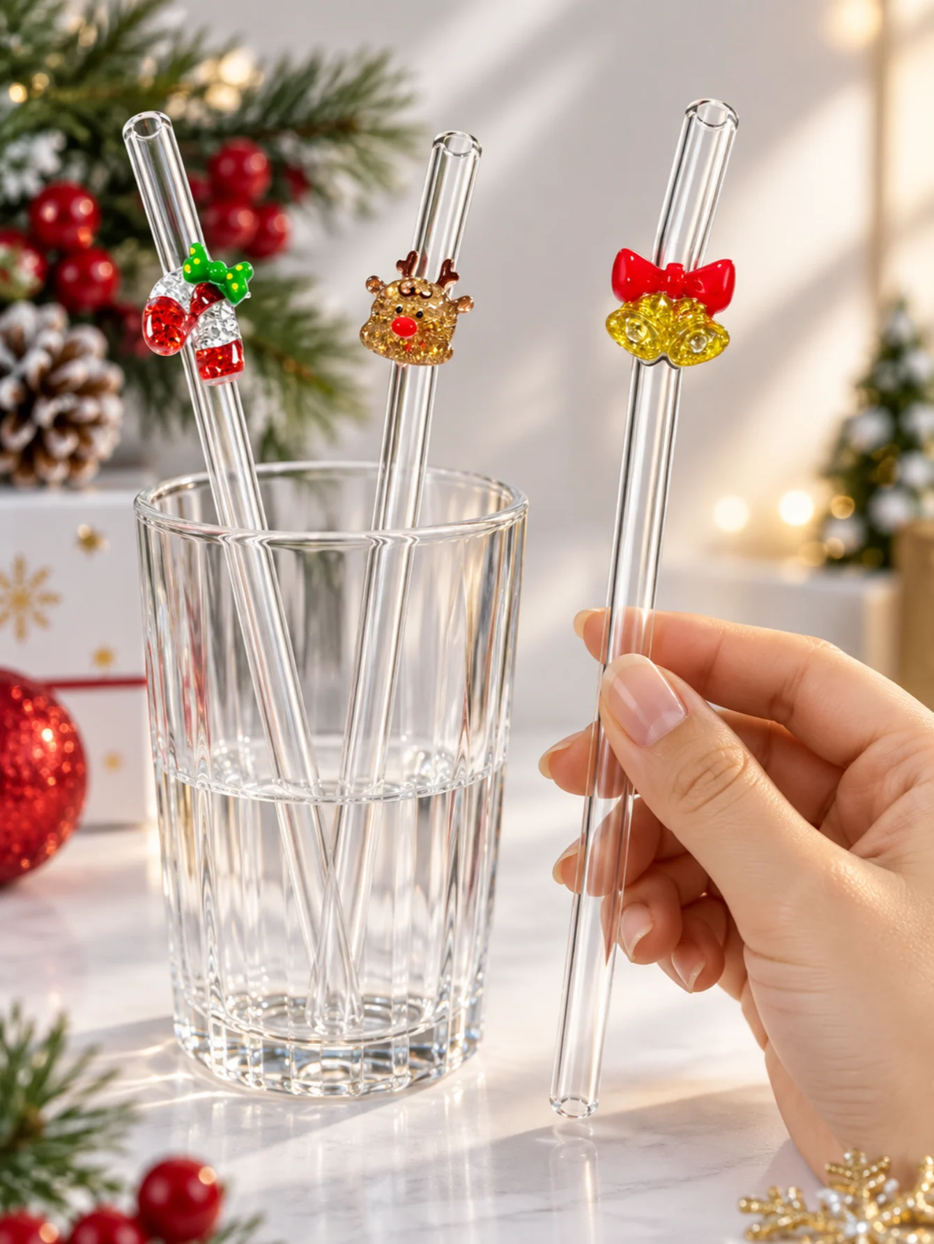 3PCS Christmas Reindeer Bell Candy Cane Glass Straws Bend Reusable Clear Drinking Straws Coffee Juice Party Gift Xmas