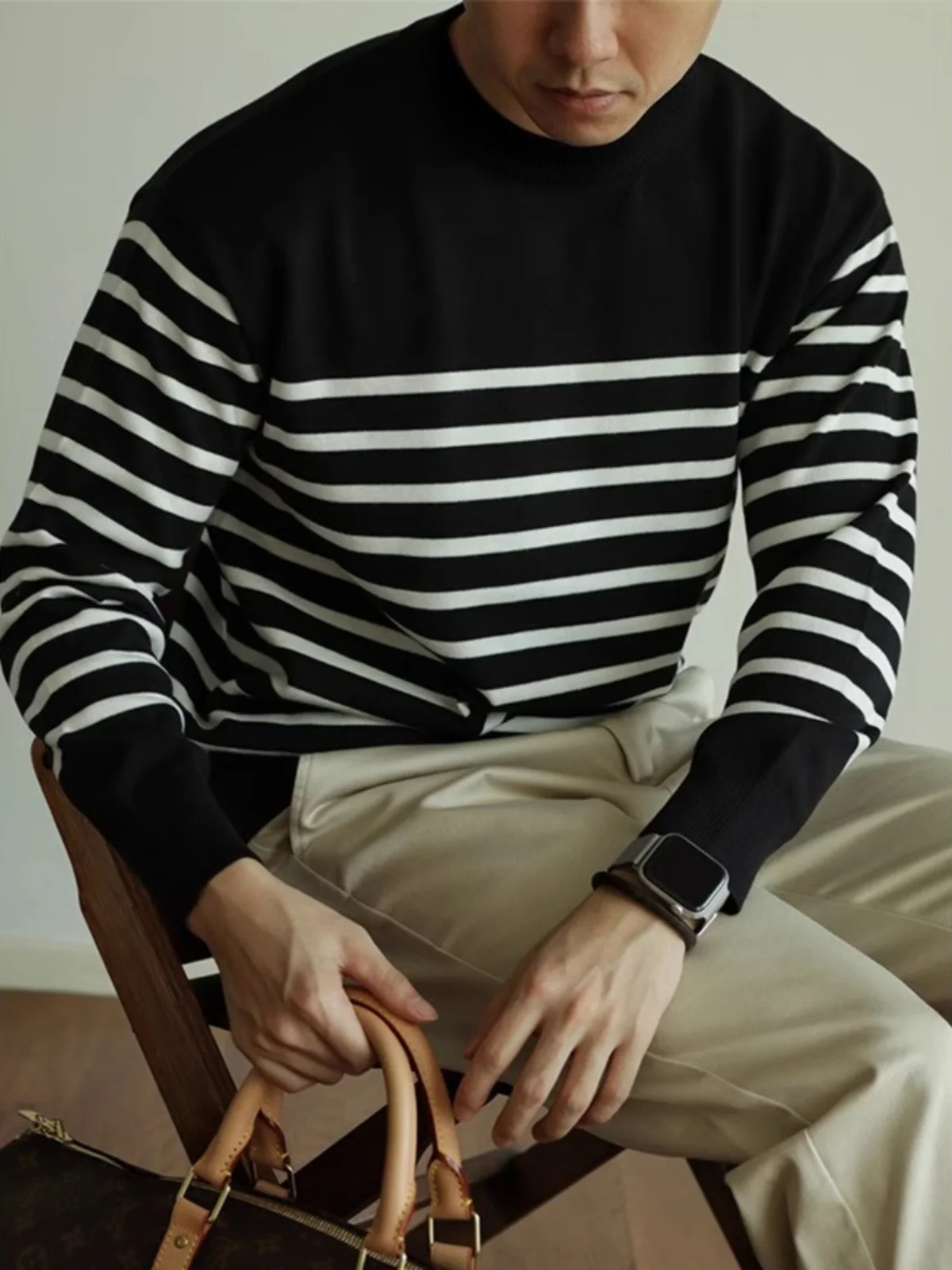 

Мужской свитер-базовый слой в американском ретро-стиле, в полоску, вязаный, с круглым вырезом, повседневный, для осени и зимы, нижняя одежда, топ