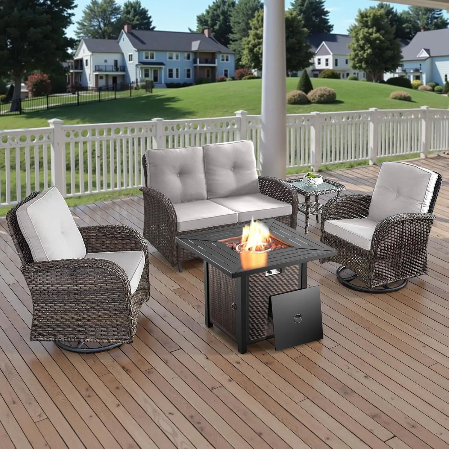 

5 Piece Patio Set Propane Fire Pit Wicker Swivel Chairs Loveseat Glider Outdoor Deck Poolside, Customized