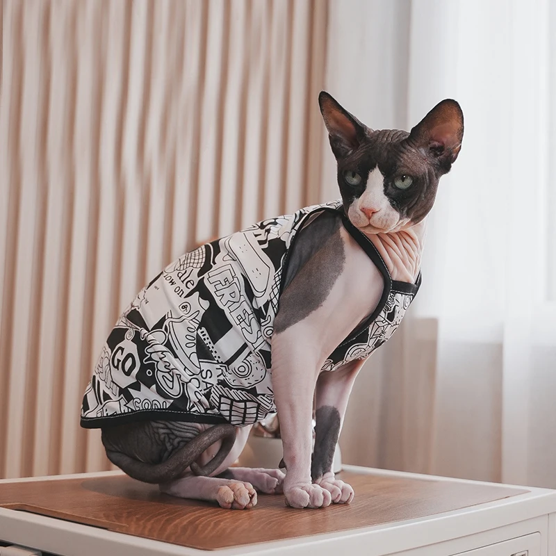 Sphynx Cat Clothing Sphinx Black Pattern Cotton Vest Soft Cute Sleeveless Shirt Kittens Coat Breathable Devon Rex Soft Clothing