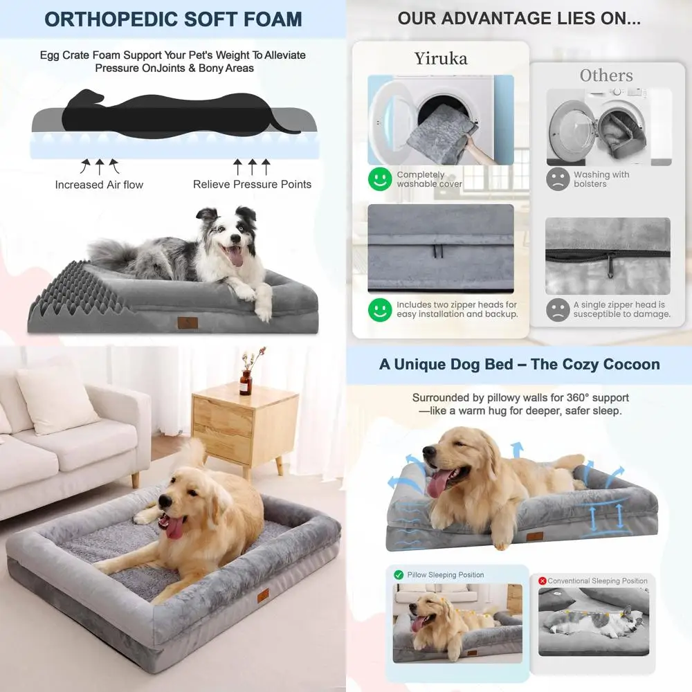 

Orthopedic Dog Bed for Large Dogs with Removable Washable Cover, Bolster Support, Non-Slip Base, Grey