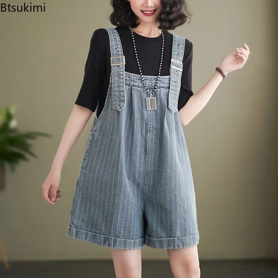 Fashion baju kodok Denim wanita baru musim panas longgar bergaris tali celana pendek gaya Korea romper kaki lebar 2024 Pakaian Wanita kebesaran