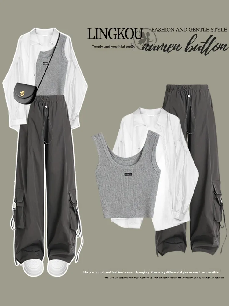 

plus Size Summer Fashionable Women's Long Sleeve Shirt Grey Vest Workwear Pants Set Complete Matching Outfit for Small Stature
