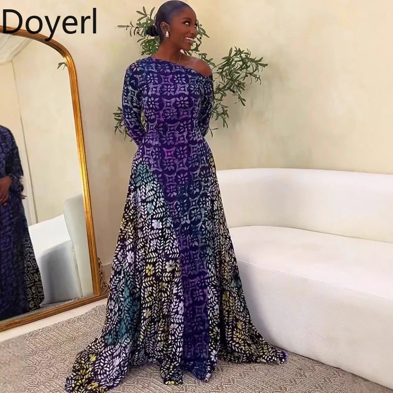 Doyerl Floral Druck Maxi Kleid Frau Langarm Skew Kragen Geburtstag Club Party A-line Lange Kleider Elegante Vestido De Mujer