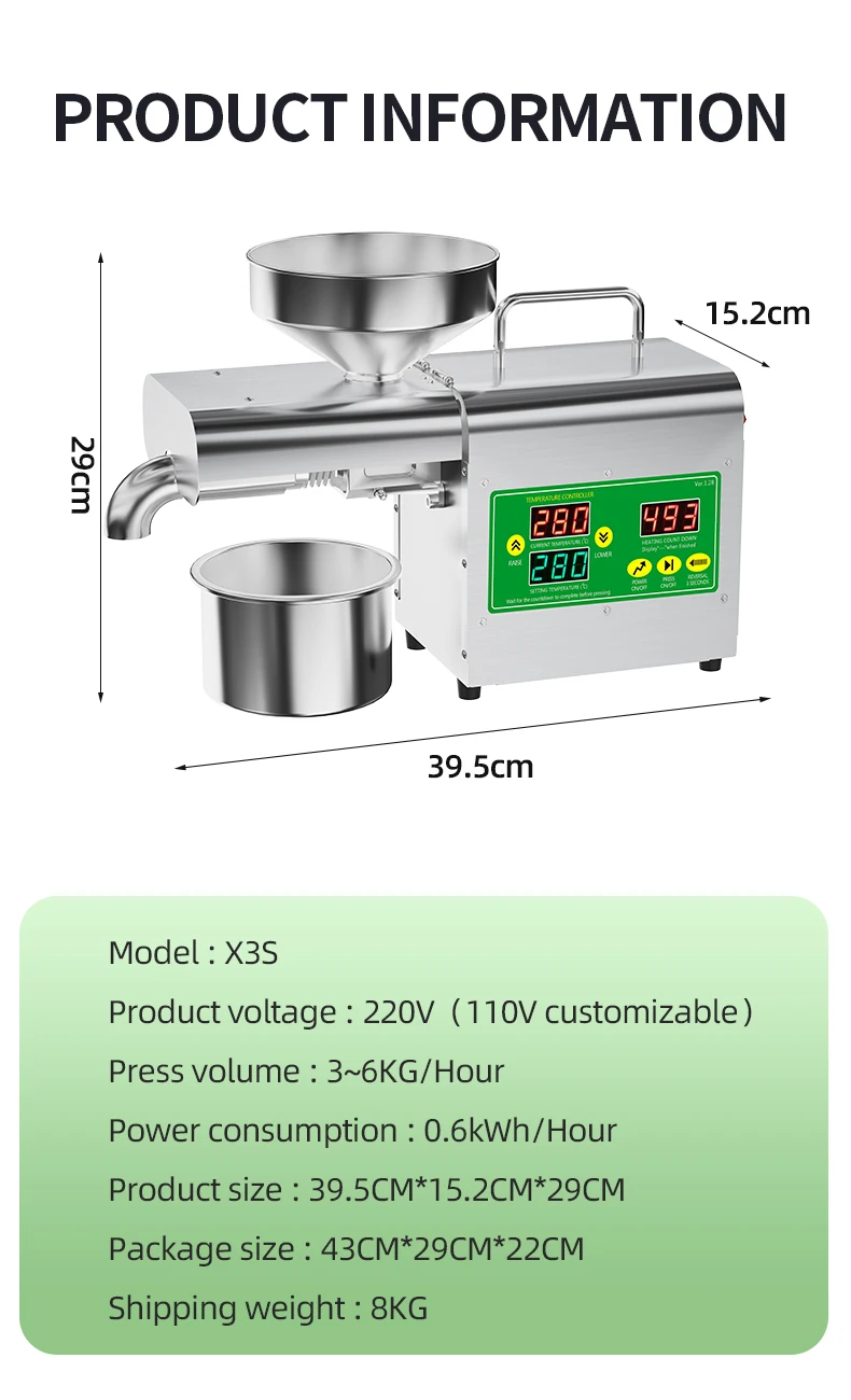X3S 600 W Intelligente Ölpresse Maschine 220 V 110 V Edelstahl Kalt- und Heißpresse 20+ Ölsamen Echtzeit-Temperaturregelung – Detail 13