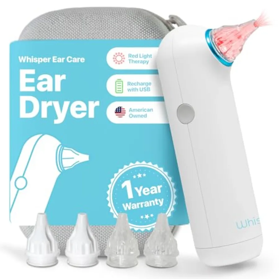 

Сушилка для ушей + чехол, гарантия 1 год (США), перезаряжаемое устройство для сушки ушей с красной светотерапией, подающее нежный теплый воздух в ухо.