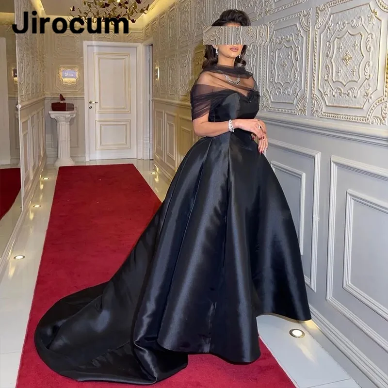 

Jirocum Saudi Elegant A-Line Satin Prom Dress Women's High Neck Tulle Party Evening Gown Ankle Length Special Occasion Gowns