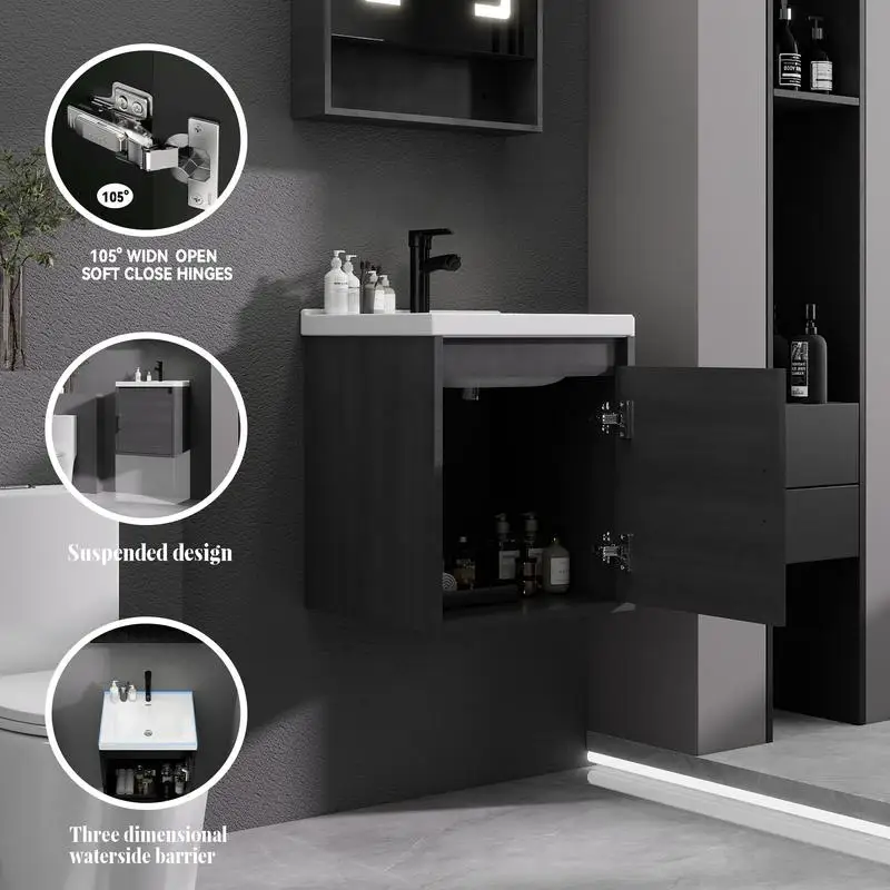 مجموعة حوض استحمام مقاس 16 بوصة مع مجموعة حوض سيراميك وباب مغلق ناعم، مثبت على الحائط، تتضمن استنزاف ومجيدة على شكل حرف P، لمسة نهائية من الكستناء الأسود (لا