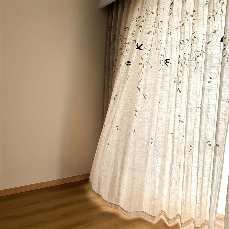 1PC Farmhouse Style Bird Embroidered Sheer Curtain, Multi-Function Hook Top, High-Quality Insulated, Washable, for Living Room,