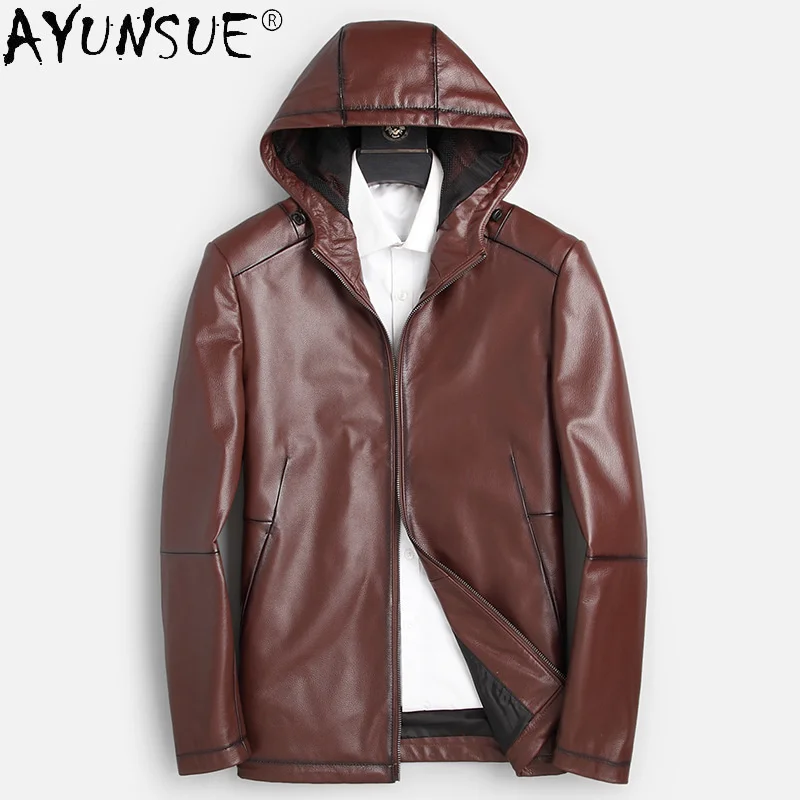 

100% Genuine Cow Leather Jacket Men Top Layer Cowhide Jackets for Hooded Coat Fashion Veste Homme