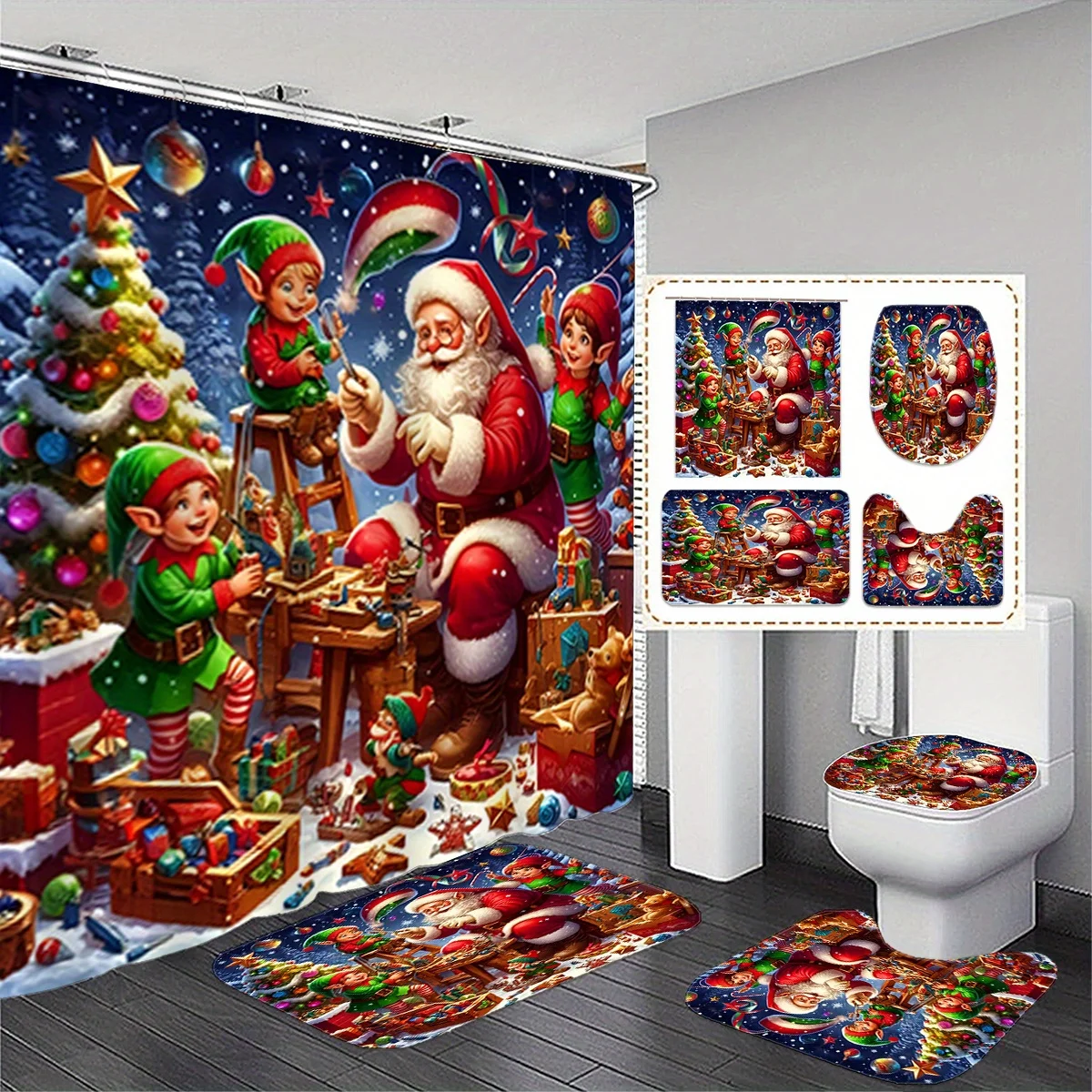 

Набор для ванной комнаты Santa's Workshop из 4 предметов — рождественская занавеска для душа, чехол для унитаза и коврики, декор для рукоделия в виде эльфа, праздничный праздничный подарок