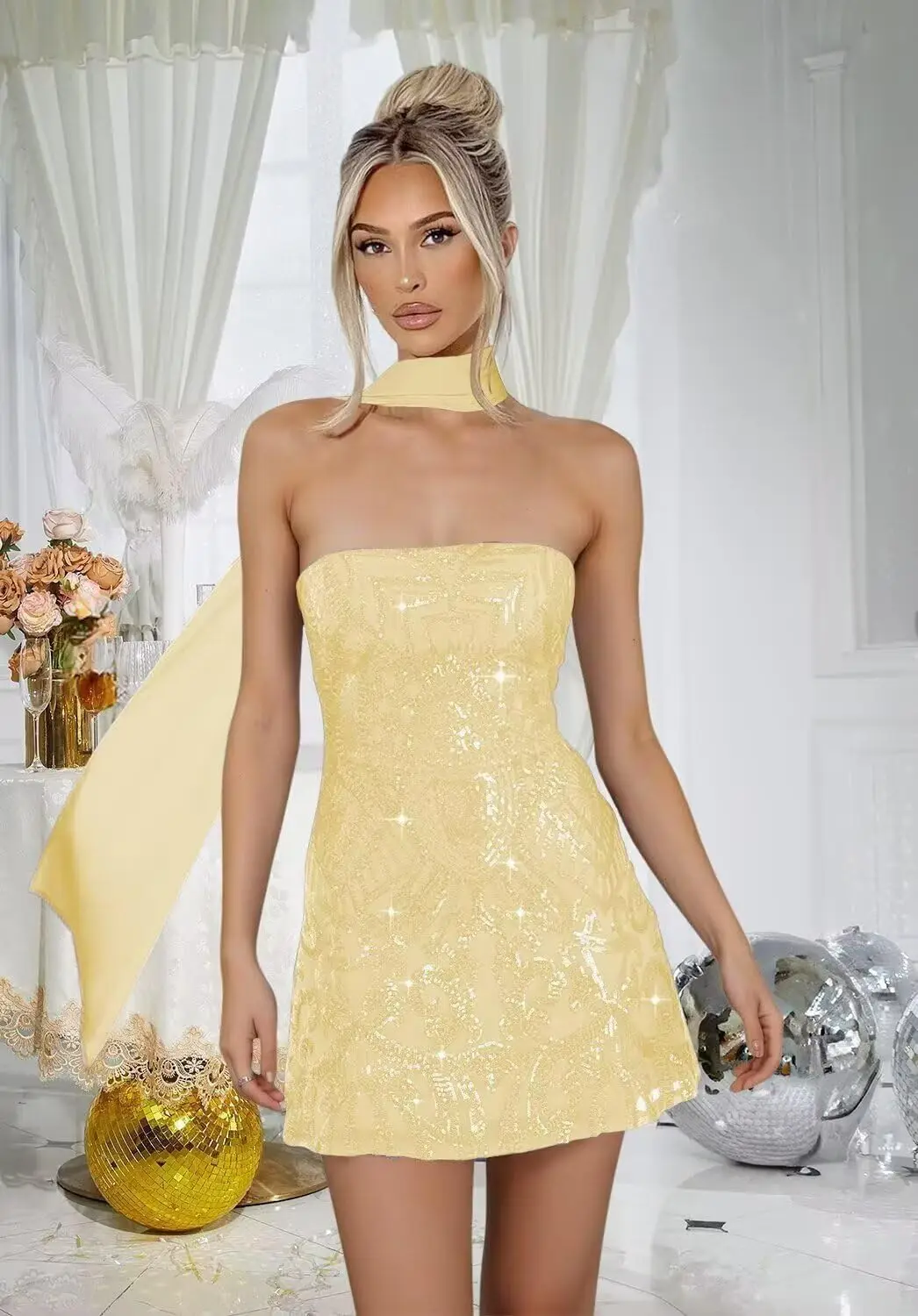 Sparkly Sequin Short Homecoming Dresses with Scarf 2025 Strapless Tight Mini Cocktail Party Dress graduation dress